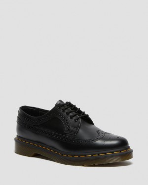 Dr. Martens 3989 Yellow Stitch Smooth Leather Brogue Shoes Czarne | SN-DM85043