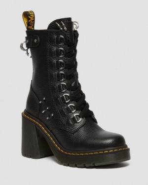 Dr. Martens Chesney Piercing Leather Flared Heel Lace Up Boots Czarne | SN-DM84371