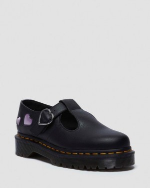 Dr. Martens Polley Heart Virgina Satin Mary Jane Shoes Black/Lavender/Purple | SN-DM84471