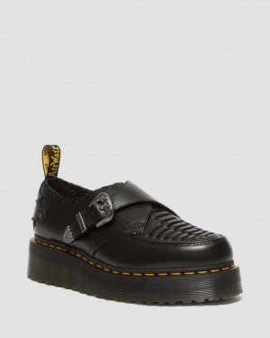 Dr. Martens Ramsey Woven Smooth Leather Platform Creepers Czarne | SN-DM84725